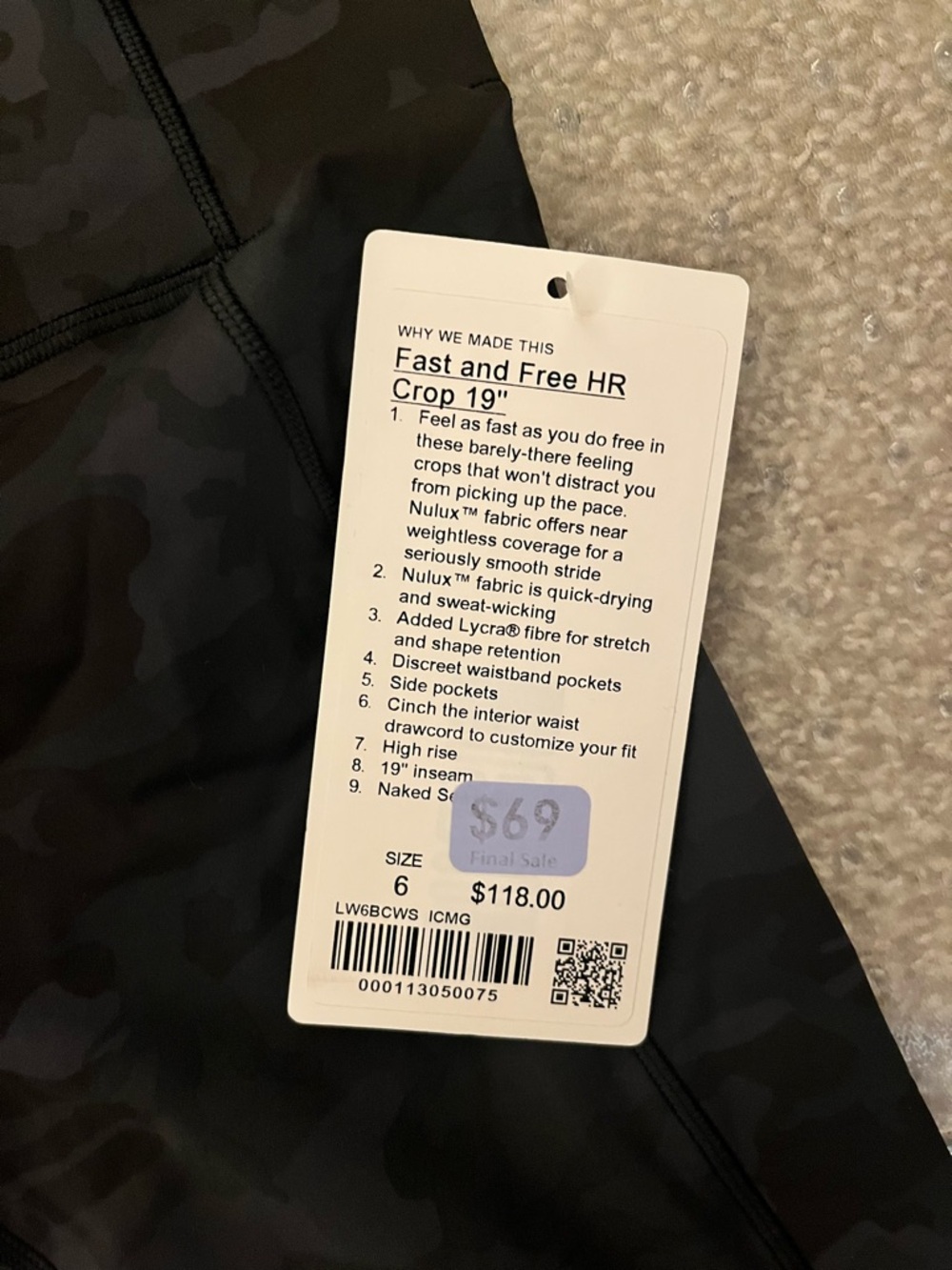 Fast and Free HR Crop 19" Nulu Crop incognito Black Camo lululemon Sz 6